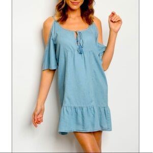 13. Cold Shoulder Lightweight Denim Mini Dress Size M, NWT